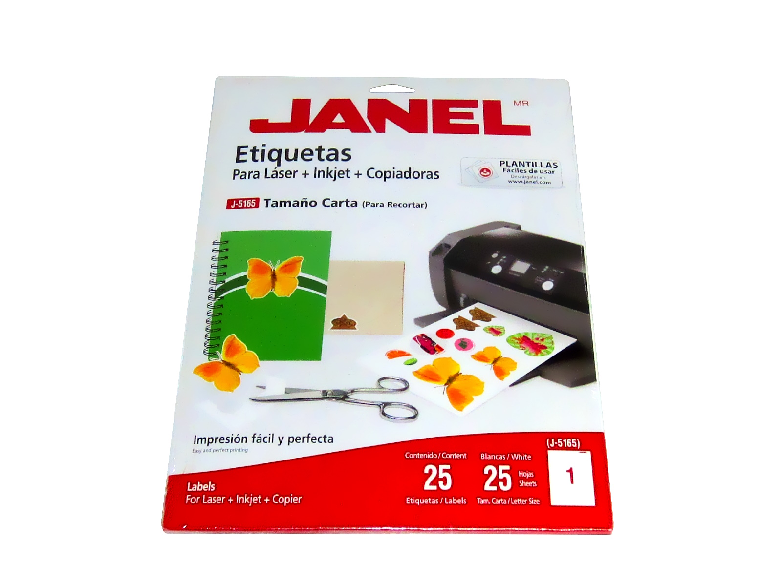 ETIQUETA ADHESIVA LASER 21.6X27.9 CARTA C/25 J-5165 JANEL   